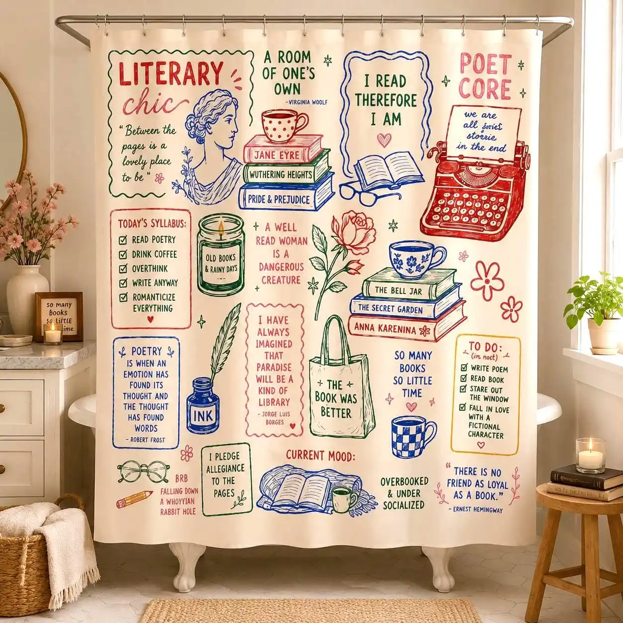 Literary Chic Book Lover Shower Curtain Aesthetic Reading Nook Quotes for Bathroom Decor Gift