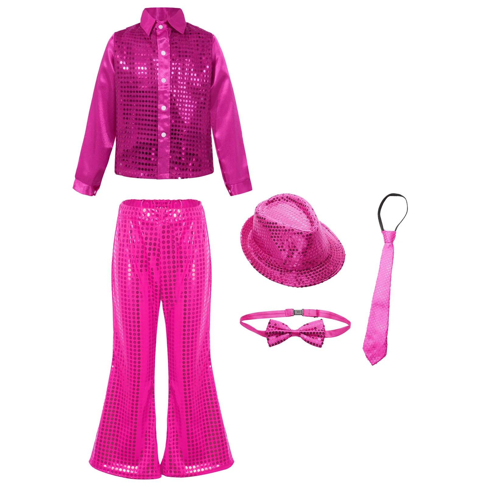 

Kid Boys Hip Hop Jazz Dance Costume Disco Party Stage Performance Dancewear Shiny Sequin Long Sleeve Shirt with Hat Flared Pants