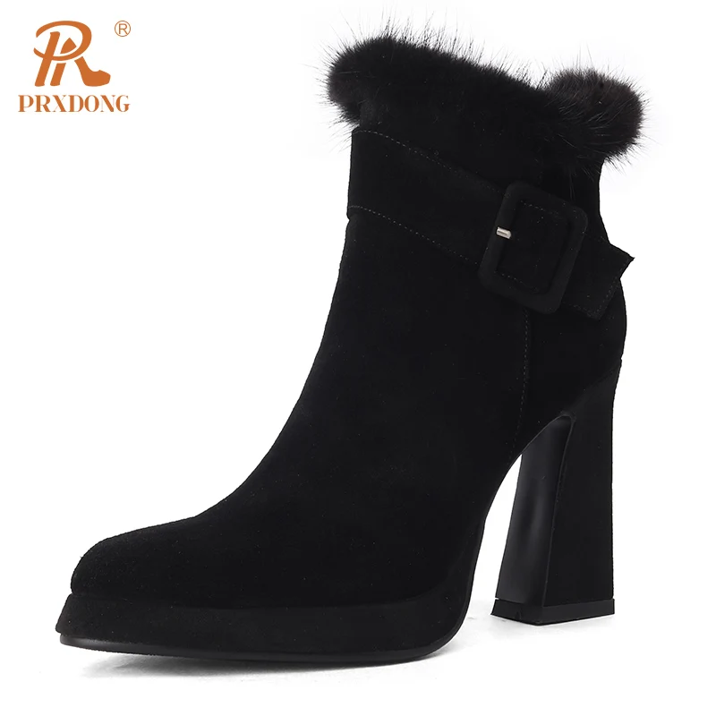 Women's Boots 2024 New Brand Autumn WInter Warm Shoes High Heels Real Fur Black Apricot Dress Party Work Female ANkle Boots 39