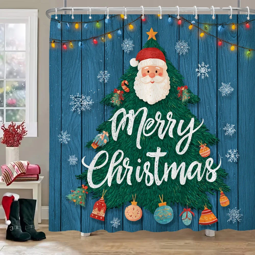 Merry Christmas Shower Curtain，Cartoon Christmas tree, Santa Claus Shower Curtain with Hooks Bathroom decorative shower curtain