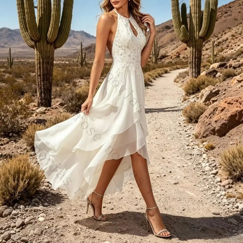 Customized Lace Camisole Low Cut Keyhole Wedding Dresses 2026 Neck Hanging Layered Chiffon Front Short Back Long Bridal Gown