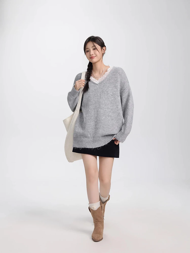 Autumn New V-neck Long Sleeve Sweater Women Fashion Casual Versatile Loose Lace Patchwork Pullovers Elegant Chic Knitted Tops