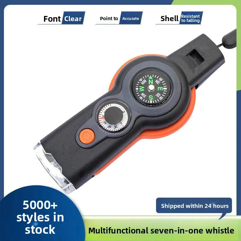 7‑in‑1 Multifunctional Survival Whistle LED Light Thermometer Compass Emergency Safety Whistle for Outdoor Camping Hiking