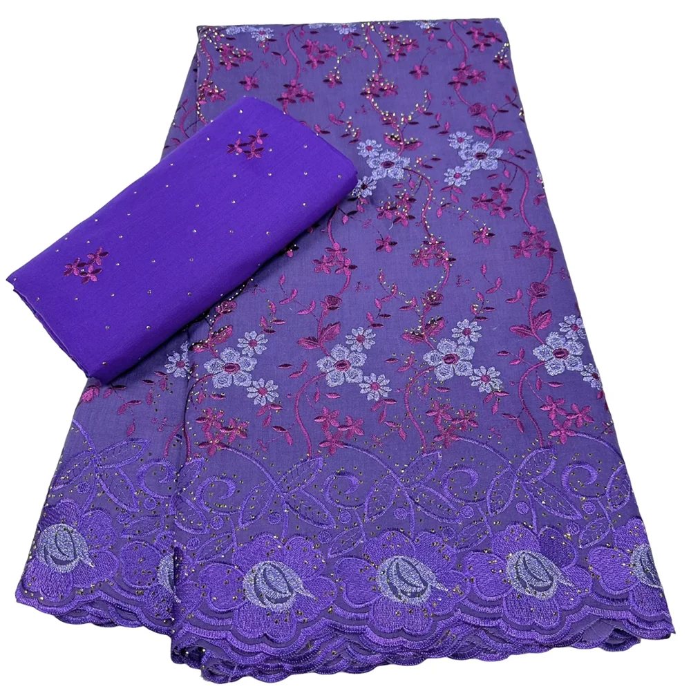 

Purple 5+2 Yards 2026 High Quality Stones Cotton Nigerian French African Lace Fabric Swiss Voile Lace Fabric For Women Dress
