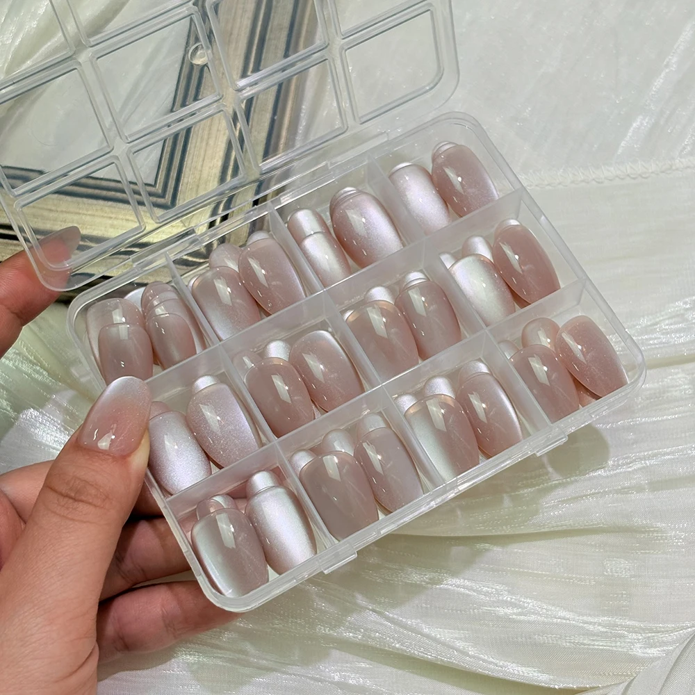 144 stuks naakt roze glitter cat eye nepnagels korte ovale jelly cat's eye volledige dekking druk op nagels voor vrouwen draagbare kunstnagels #