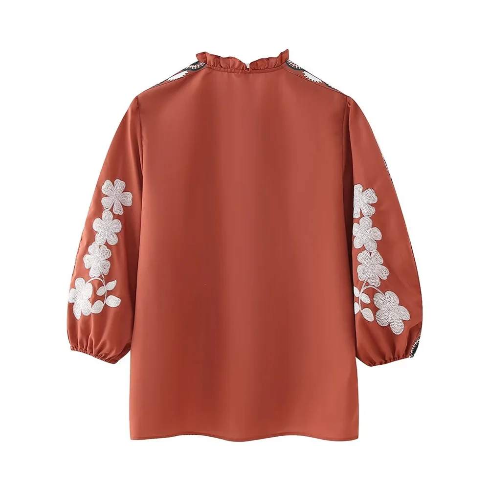 In the summer of 2024, new women\'s stand-up collar chic embroidered long-sleeved fashion slim shirt.