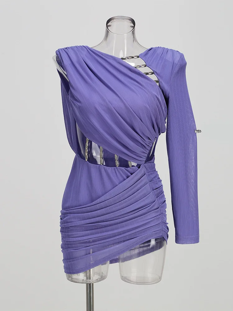 2025 Abito da donna sexy a maniche lunghe scollato increspato viola aderente con fasciatura elegante abito da sera da club