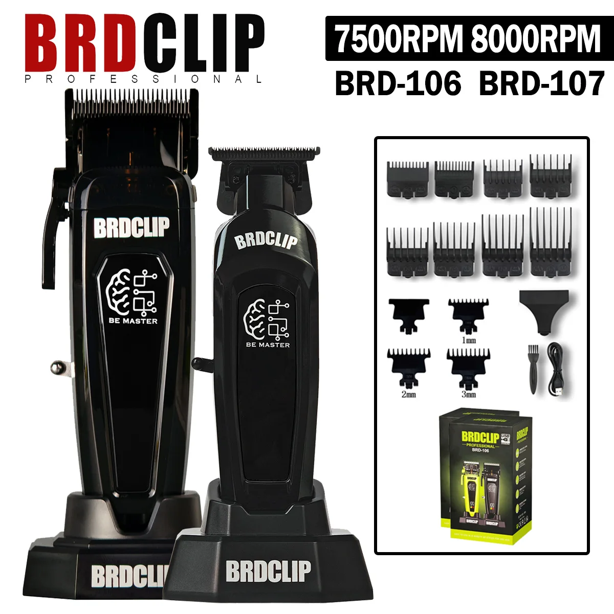BRDCLIP Professional Hair Clipper 106 7500RPM Electric Cordless Trimmer 107 8000RPM DLC Blade with Charging Base Men's Barber
