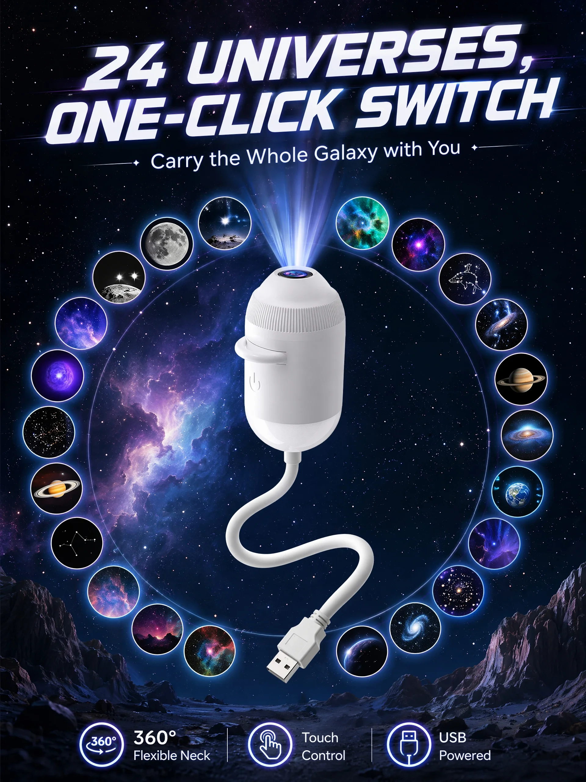 USB-Sternenprojektor-Licht 24-in-1 mit Touch-Steuerung, flexibler Schlauch, Auto-Dach-Galaxie-Nachtlicht für Schlafzimmer, Auto-Atmosphärenlampe – Detail 1