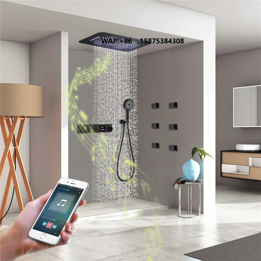 Brass Thermostatic Shower Valve Bathroom Faucet Wall Mount Rain & Waterfall 23*15 Inch Music LED Shower Head