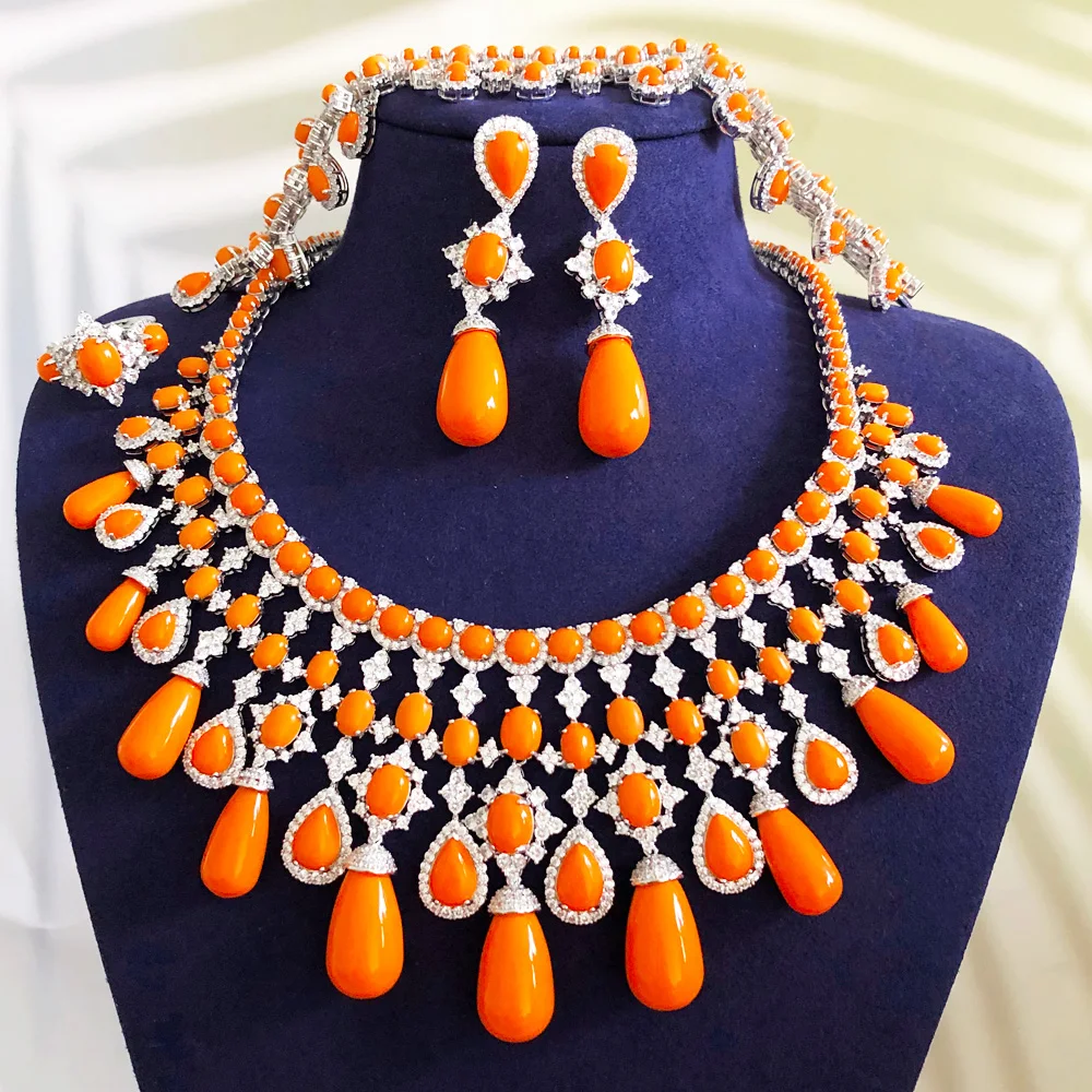 GODKI Trendy 4PCS Luxury Turquoise Statement Jewelry Sets For Women Wedding Cubic Zircon Indian African Dubai Bridal Necklace