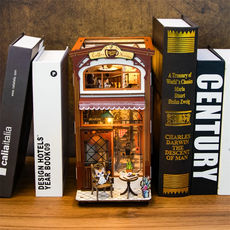 

Retro Cat Coffee House DIY Wooden Book Nook Figurines Miniatures Kits Bookshelf Home Bookend Decoration For Adult Handmade Gifts
