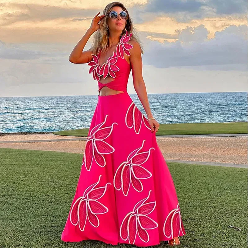 Traje de baño de una pieza para mujer, traje de baño de Color fluorescente de pétalo, conjunto de Bikini, ropa de estilo de vacaciones en la playa, falda de vestido Maxi