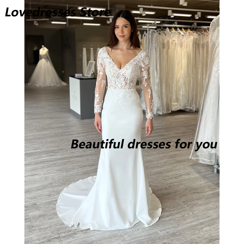 

Elegant Wedding Dress for Woman Customized V Neck Lace Appliqued Long Sleeves Mermaid Bridal Gown Sweep Train 2025
