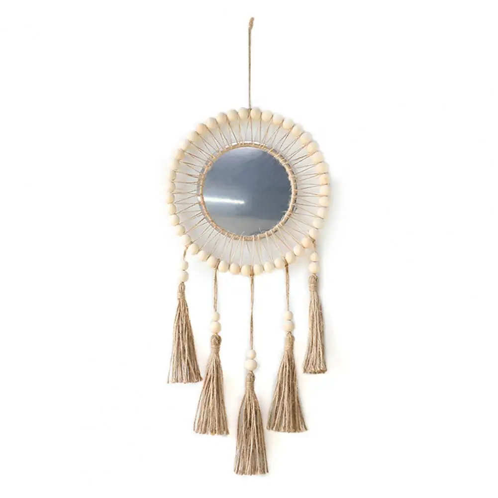 Room Wall Decoration Mirror Exquisite Hand-woven Tassel Mirror Decorative Wall Hanging with Wooden Beads Cutout Design for Room