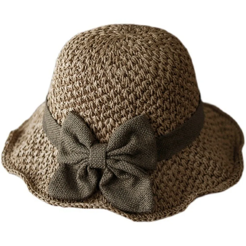 Vintage Breathable Braided Straw Hat Foldable with Bow Beach Cap UV Protection Wide Brim Sunshade Hat Women