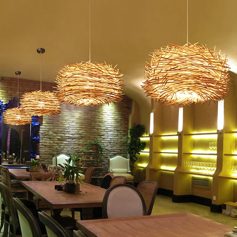 Modern Southeast Handmade LED Chandelier Bamboo Weaving Rattan Bird's Nest Wood luminaria lustre design fixtures Straw Hat Lamp