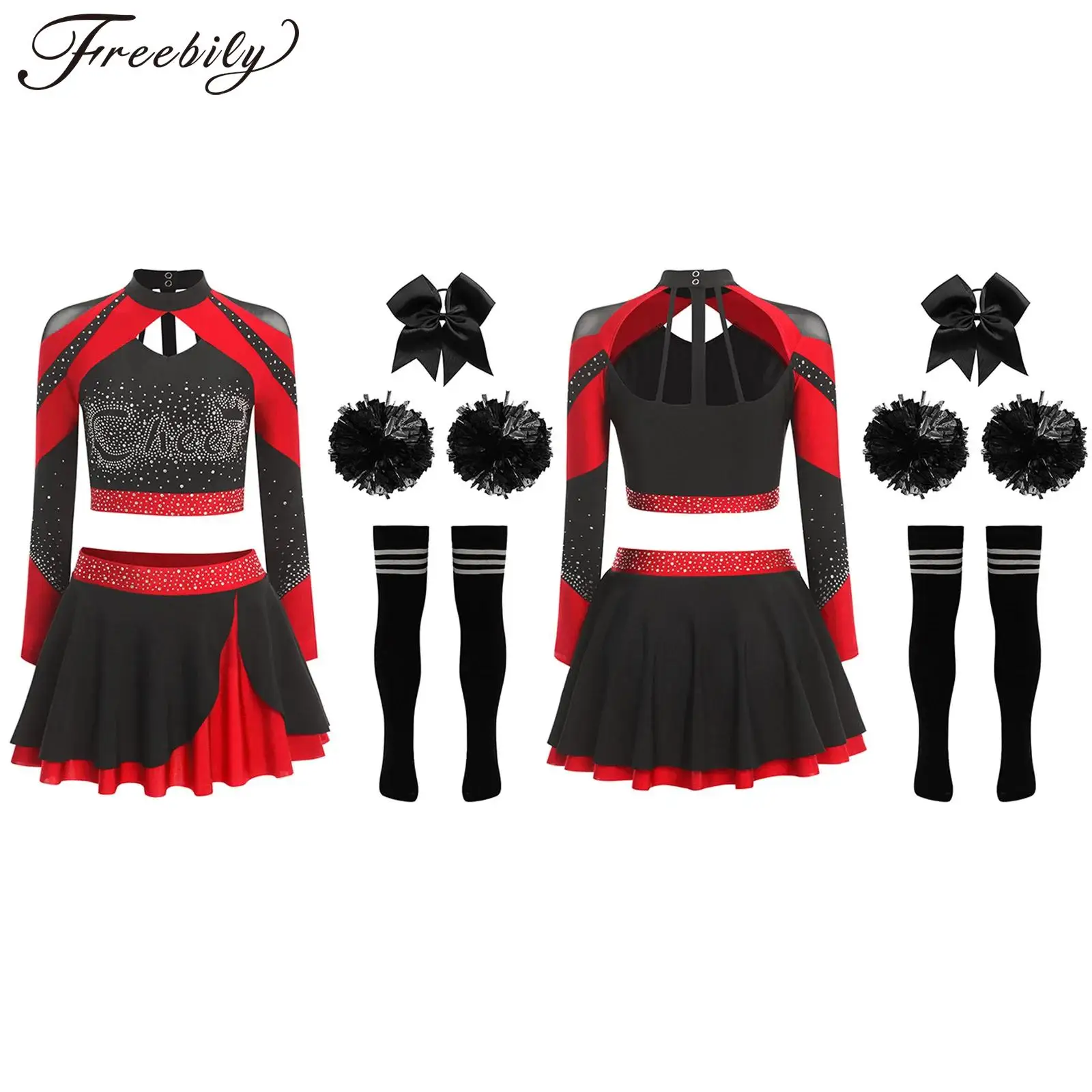 

Womens Cheer Dance Outfits Cosplay Cheerleader Costume Shiny Cheerleading Uniform Top Skirt Flower Balls Cheering Teamwear Sets