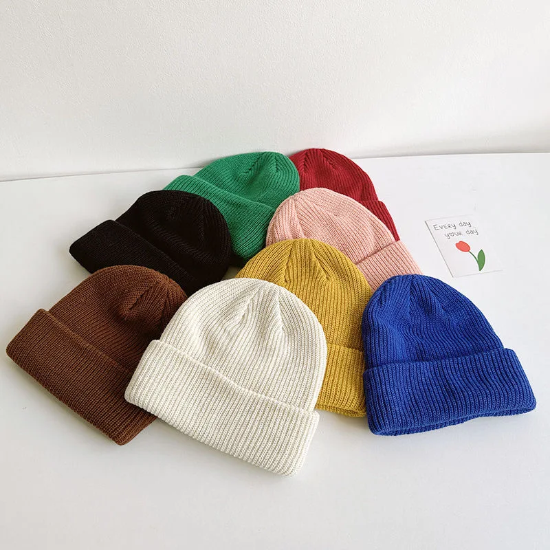 Children\'s wool cap spring and autumn models knitted caps boys and girls warm fashion solid color ear protection cap baby winter