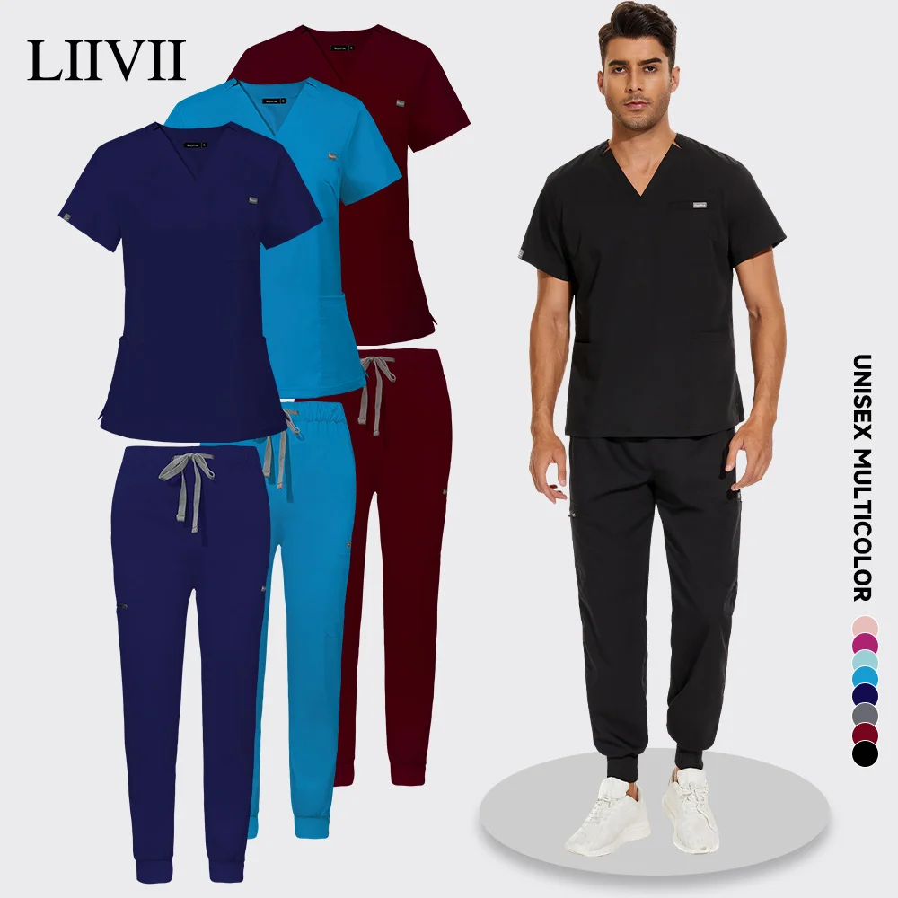 

Hot Sales Elastic Nurse Uniform Women Short Sleeve Scrub Tops Pants Jogger Blouse Doctor Working Spa Nursing Scrubs Sets