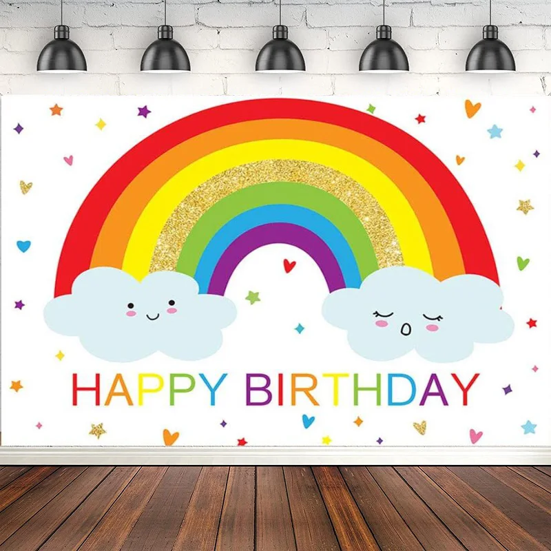 Photography Backdrop Rainbow Birthday Party Decor For Girl Colorful Sweetheart Star Gold Clouds Background Cake Table Banner