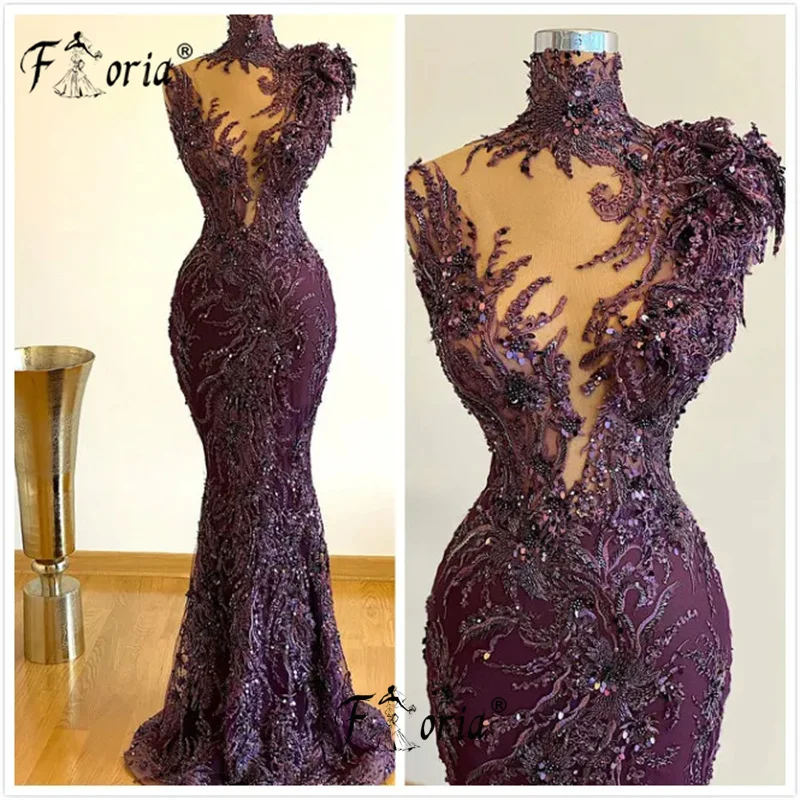 Luxury Evening Dress Purple Dubai 3D Appliques Lace Formal Occasion Gowns Beads Plus Size Long Prom Dresses Robe Soiree Femme