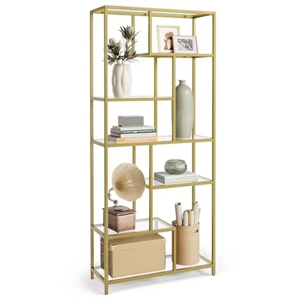 6-Tier Tempered Glass Bookcase Display Shelf Steel Plant Stand Office Living Room Storage Rack Shelf Stand