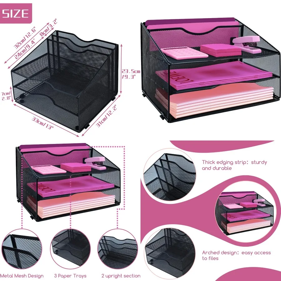 

Настольный органайзер для файлов Сетчатый держатель папки для файлов с 3 лотками для бумаги и 2 вертикальными вертикальными секциями для офисных принадлежностей Stora