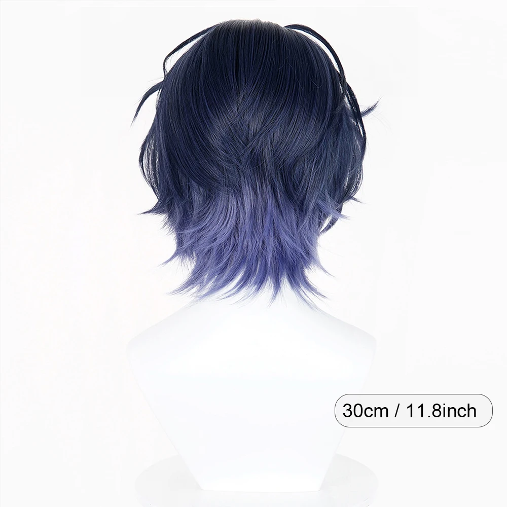 Ombre Blue Short Straight Synthetic Wigs Middle Part Anime Game Cosplay Fluffy Heat Resistant Wig for Daily Party