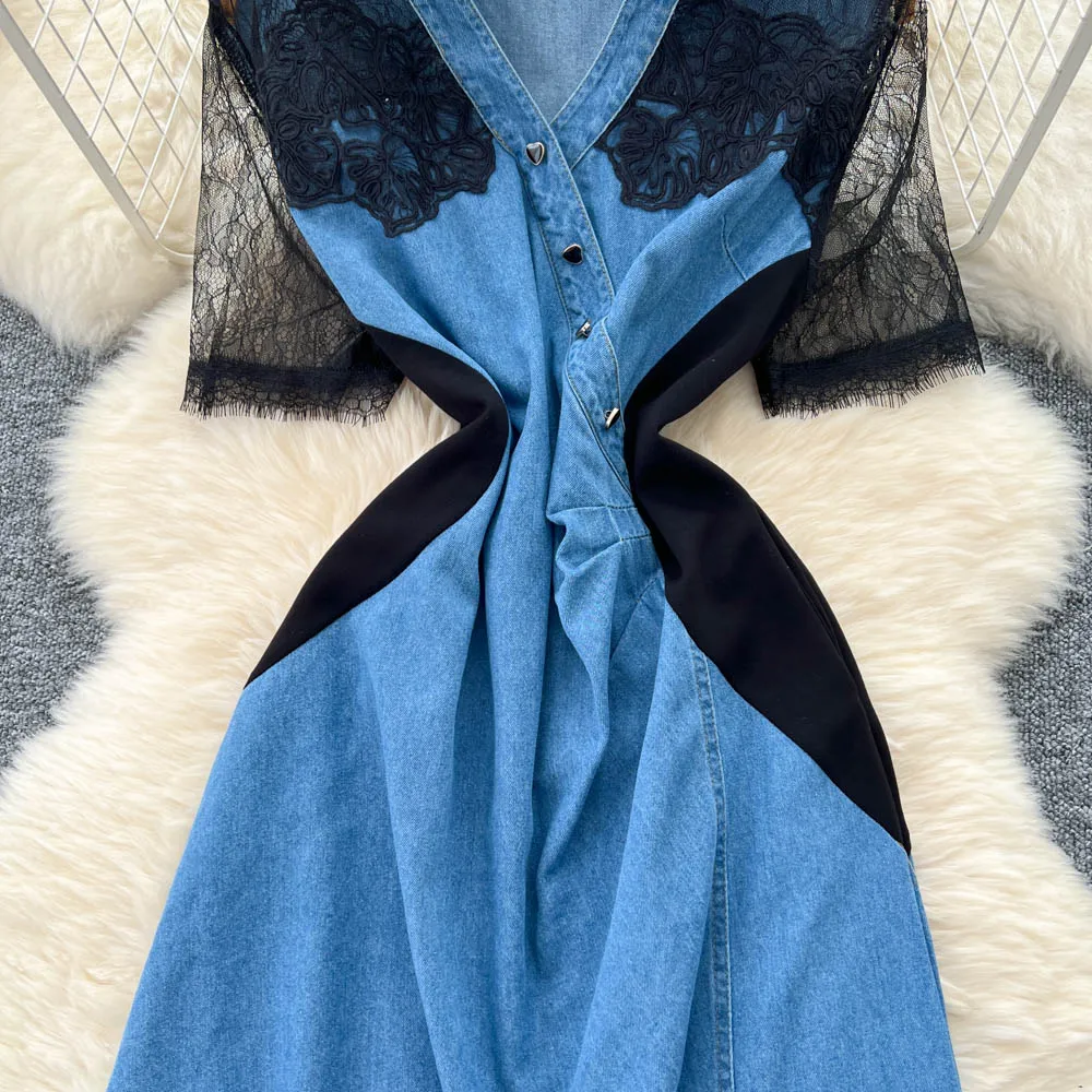 シックなヴィンテージ半袖偽ツーピースレースエレガントな妖精韓国ファッション自由奔放に生きるサンドレス女性服ロングドレス