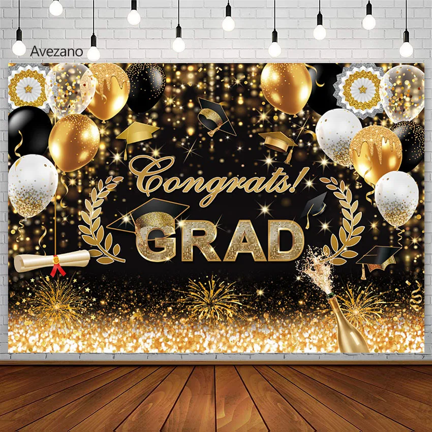 Avezano Photography Background Congrats Grad Balloon Champagne Gold Glitter Graduate Party Backdrop Photo Studio Decor Photozone