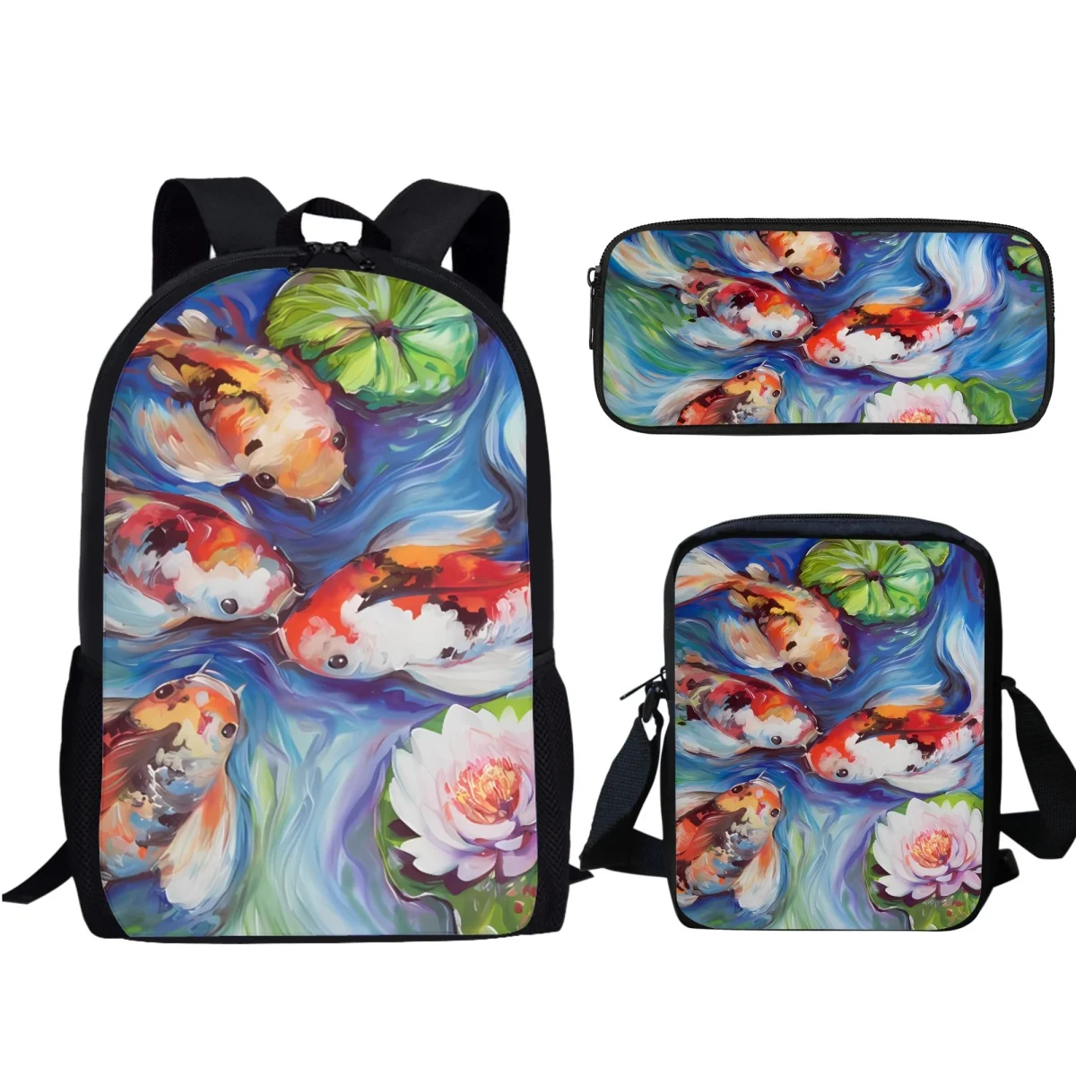 Vintage Carp Lotus Oil Painting Backpack BookBag Pencil Case 3Pcs Set Teen Girls Outdoor Schoolbags Messenger Bag for Student