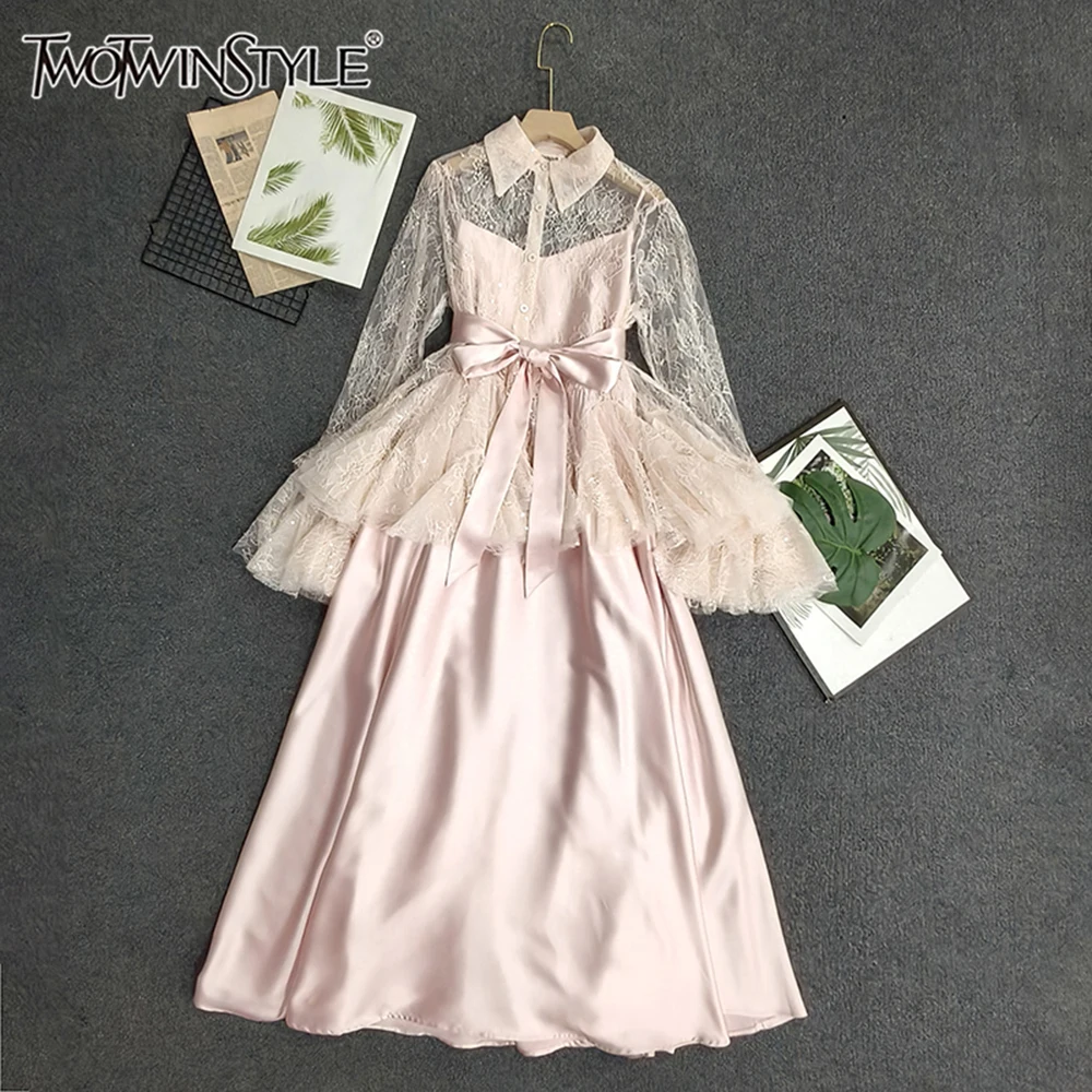 

TWOTWINSTYLE French Style Sweet Solid Two Piece Sets For Women Long Sleeve Lace Top High Waist Sling Sexy Set Female KSE553451