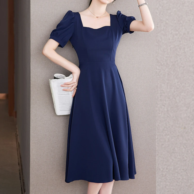 Elegant Dress Women's 2024 Summer New High Waist Slim Fit Gentle Square Neck A-line Dress Fashion Club Party Slimming Long Dress