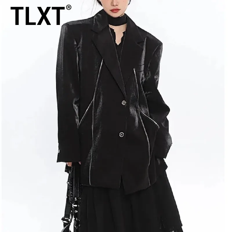 

TLXT Fashion Women's Black Multiple Zippers Decoration Blazer Lapel Loose Fit Single Breasted Suit Jacket Autumn New XK1539