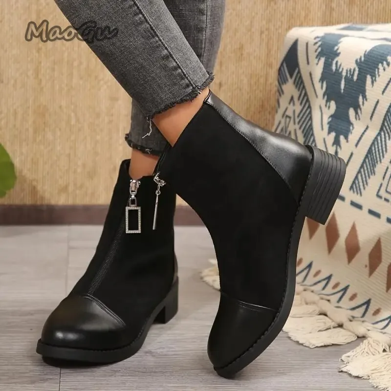 Botines Retro de color negro liso para mujer, botas elásticas Vintage de tacón medio cómodas con decoración de cremallera brillante, zapatos de mujer 2025