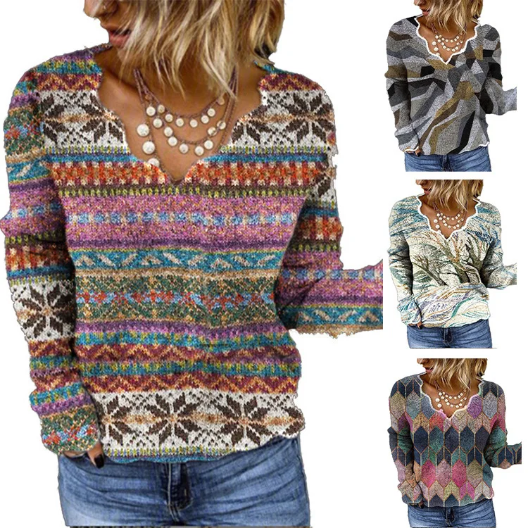 

Autumn/Winter Sweater Women's Printed T-shirt Wave V-Neck Top 2023