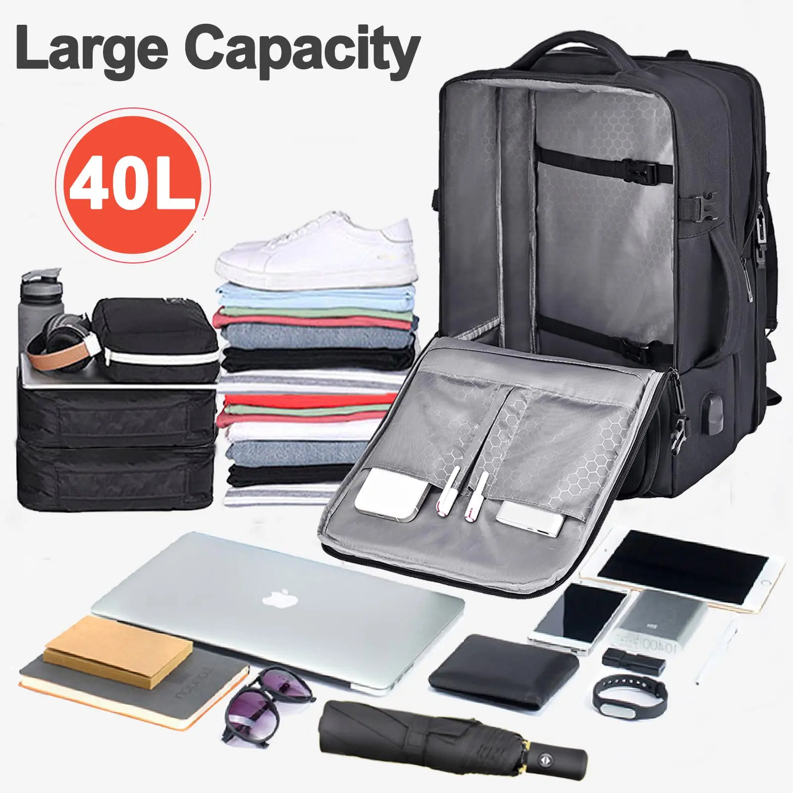 Sac à dos de voyage pour femmes et hommes, sac à dos Extra Large de 40l, sac à dos extensible pour ordinateur portable 17 pouces