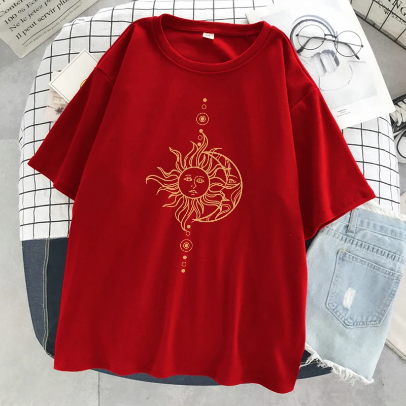تي شيرت نسائي مطبوع عليه وجه الشمس والقمر ، تي شيرت صيفي رائع ، هيب هوب كبير الحجم بأكمام قصيرة ، موضة قطنية