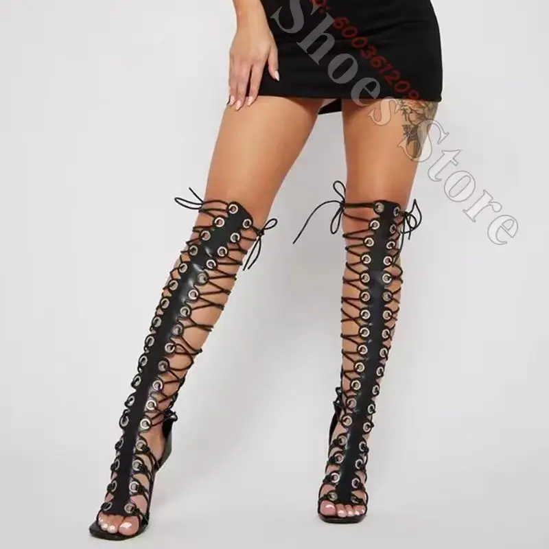 Grommet Lace Up Knee High Gladiator Stiletto Sandals Square Open Toe Full Side Lacing Tall Cutout Heeled Boots Gothic Club Boots