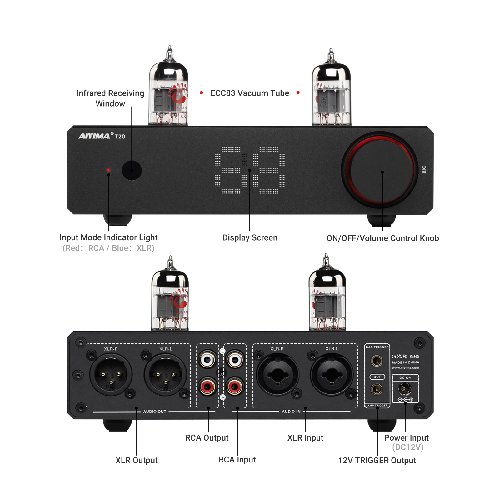AIYIMA T20 فراغ أنبوب المضخم ECC83 متوازن تماما Preamp RCA XLR المدخلات HiFi ستيريو DAC أمبير 12 فولت الزناد الناتج