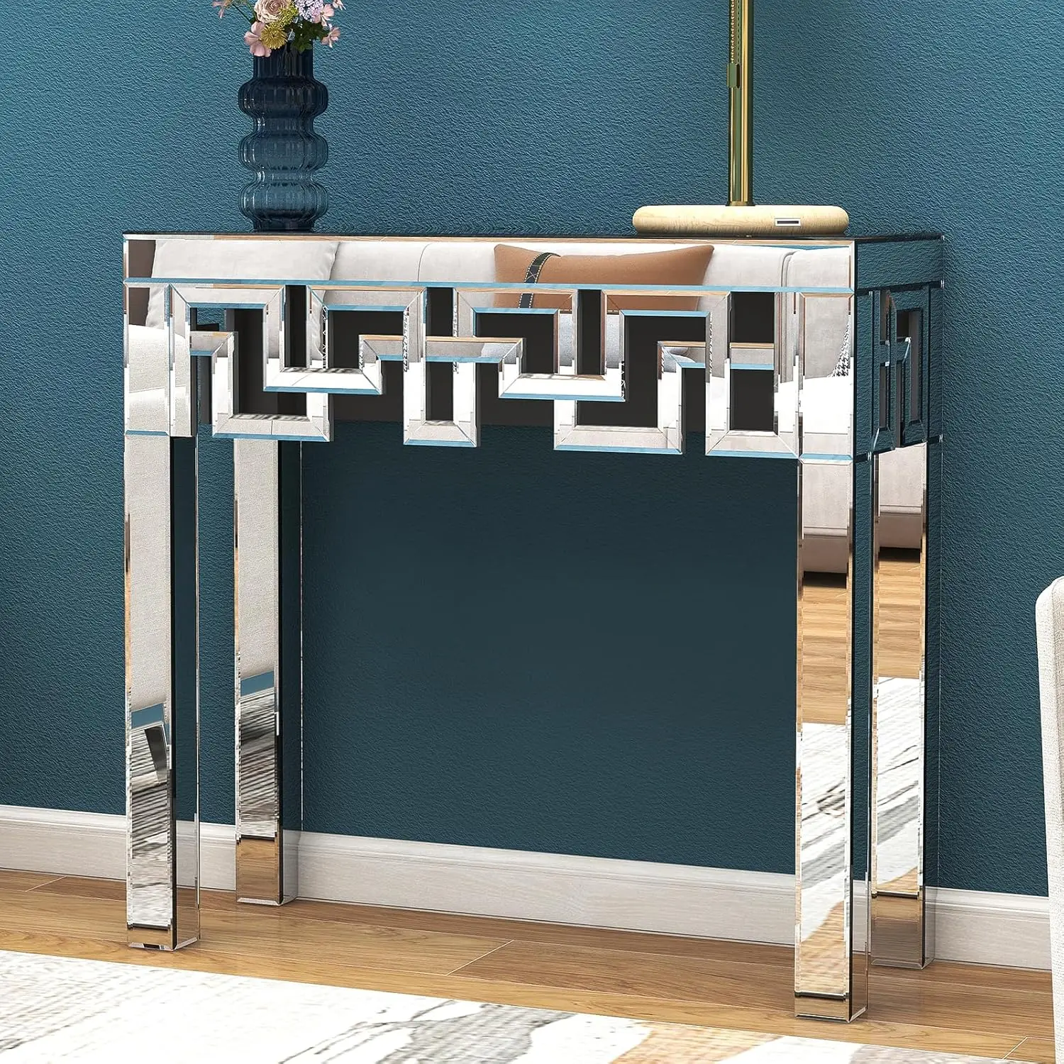 Silver Console Table with Mirrored Finished, Modern Glass Entryway Table Geometric Design