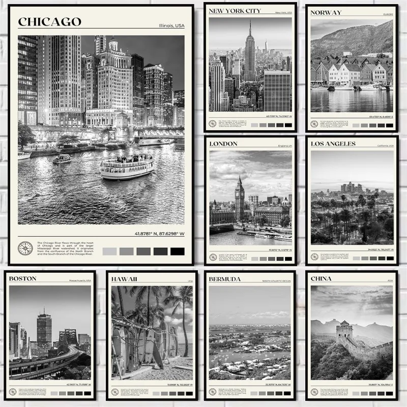 Black and White Retro City Travel Poster New York Paris London Tokyo Chicago Hawaii Canvas Painting Wall Art for Room Home Decor