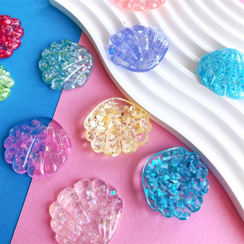 Wholesale 30pcs/lot color print cartoon scallop shape resin cabochon beads diy jewelry garment/hair accessory