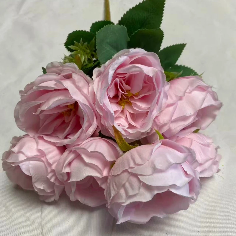 2/5 Stück Künstliche 7-köpfige Rosensträuße aus Seide, Kunstblumen für Hochzeitsdekoration, Rosa Austin-Rosen, Simulationsblumen für Saaldekoration – Detail 6