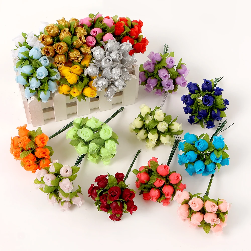 12PCs/lot Mini Artificial Rose Flowers Bouquet Silk Fake Flowers For Home Decor Wedding Decoration Craft Wreath Gift Accessories