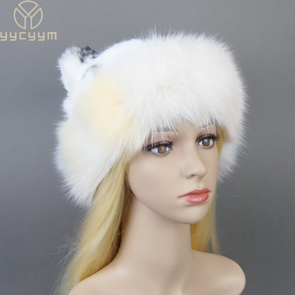 

New Winter Lady Party Fashion Fur Hat Skullies Luxury Knitted Real Genuine Fox Fur Hats Women Beanies Solid Rex Rabbit Fur Caps