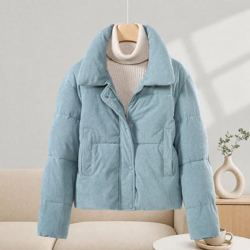 Women Corduroy Cropped Puffer Coat Wide Lapel Collar Short Jackets Zip Snap Closure Side Pockets Quilted Warm Winter Outerwear