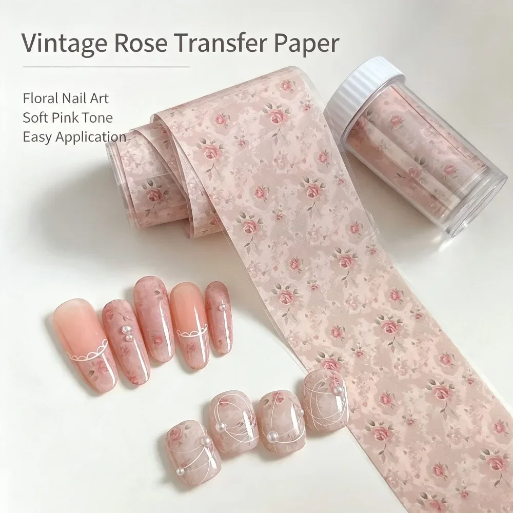 Vintage 1Pc 100cm Flower Nail Foils for Transfer Paper Floral Stickers Colorful Nails Rose Nail Art Decorations