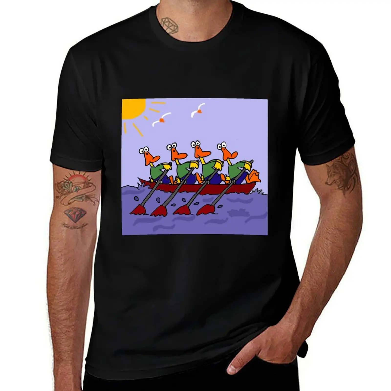 Cool Ducks in a Row Boat Cartoon T-Shirt Basic Plain Short Sleeve Crew Neck Tee T-Shirt